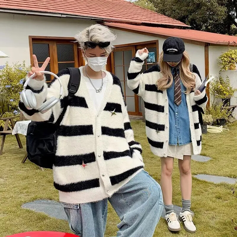 Μοντέρνο φθινόπωρο 2023 Ζακέτα με βιζόν Ζακέτα Ζακέτα Ζακέτα Loose Fit Ευέλικτο πλεκτό με ρίγες Top Lazy Jacket Casual Scene V λαιμόκοψη