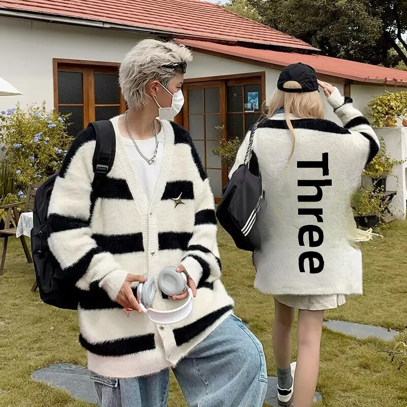 Μοντέρνο φθινόπωρο 2023 Ζακέτα με βιζόν Ζακέτα Ζακέτα Ζακέτα Loose Fit Ευέλικτο πλεκτό με ρίγες Top Lazy Jacket Casual Scene V λαιμόκοψη