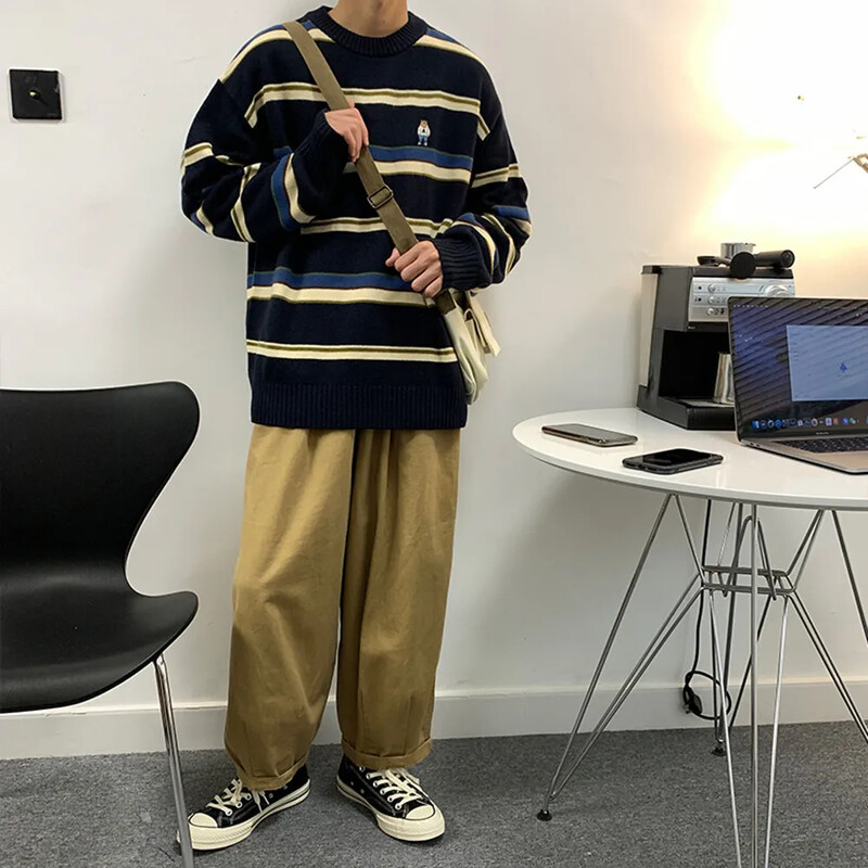 Χονγκ Κονγκ Χαλαρό ανδρικό πλεκτό πουκάμισο ριγέ πουλόβερ Φθινοπωρινό χειμωνιάτικο παλτό για ζευγάρια ρούχα Μόδα μάλλινο πουκάμισο