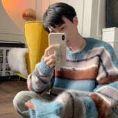 Мъжки ангорски пуловер с райе, безделен стилен дизайн, чувствителност, овърсайз, модерен зимен младежки плетен топ с обло деколте
