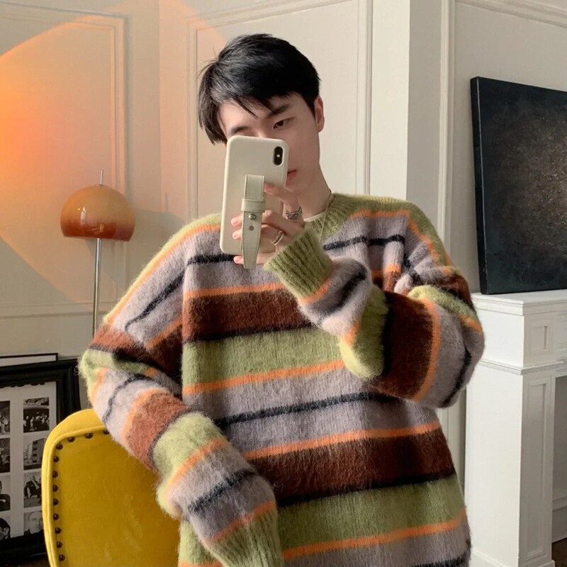 Ανδρικό πουλόβερ Angora με ρίγες Ανδρικό στυλ αδρανούς σχεδίασης Ευαισθησία Oversize Μοντέρνο Χειμερινό νεανικό πλεκτό μπλουζάκι με στρογγυλή λαιμόκοψη