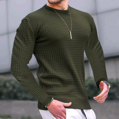 Нова мода Мъжки ежедневен дълъг ръкав Slim Fit Основен плетен пуловер Пуловер Мъжки есенни зимни горнища с кръгла яка Памучна тениска