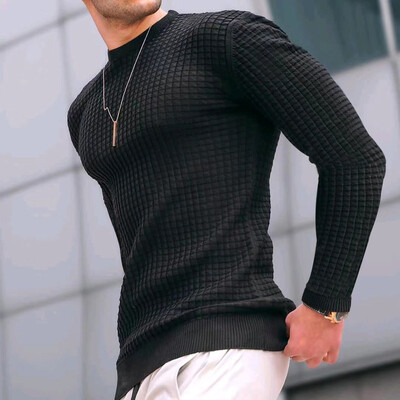 Нова мода Мъжки ежедневен дълъг ръкав Slim Fit Основен плетен пуловер Пуловер Мъжки есенни зимни горнища с кръгла яка Памучна тениска