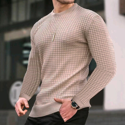 Нова мода Мъжки ежедневен дълъг ръкав Slim Fit Основен плетен пуловер Пуловер Мъжки есенни зимни горнища с кръгла яка Памучна тениска