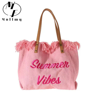 Handbag Woman Bag Design Simple Niche Travel  Beach Tote Bag Tassel Letter Embroidery Fashion Large Capacity Shoulder Bags 2022