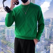 Мъжки дрехи Едноцветни плетени пуловери за мъже Argyle Green No Hoodie Едноцветни пуловери Корейска мода Тенденция за 2024 г. Разпродажба на трикотажни изделия