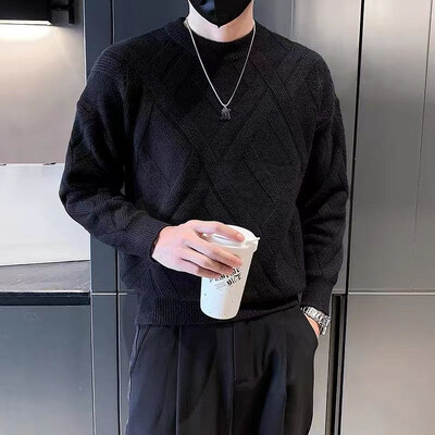 Мъжки дрехи Едноцветни плетени пуловери за мъже Argyle Green No Hoodie Едноцветни пуловери Корейска мода Тенденция за 2024 г. Разпродажба на трикотажни изделия