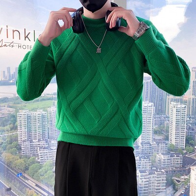 Мъжки дрехи Едноцветни плетени пуловери за мъже Argyle Green No Hoodie Едноцветни пуловери Корейска мода Тенденция за 2024 г. Разпродажба на трикотажни изделия