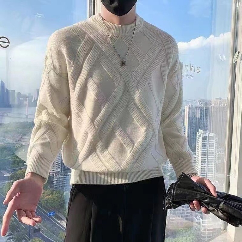 Meeste riided ühevärvilised silmkoelised kampsunid meestele Argyle roheline, ilma kapuutsita, lihtsad pulloverid Korea moe 2024 trendi kudumite allahindlus