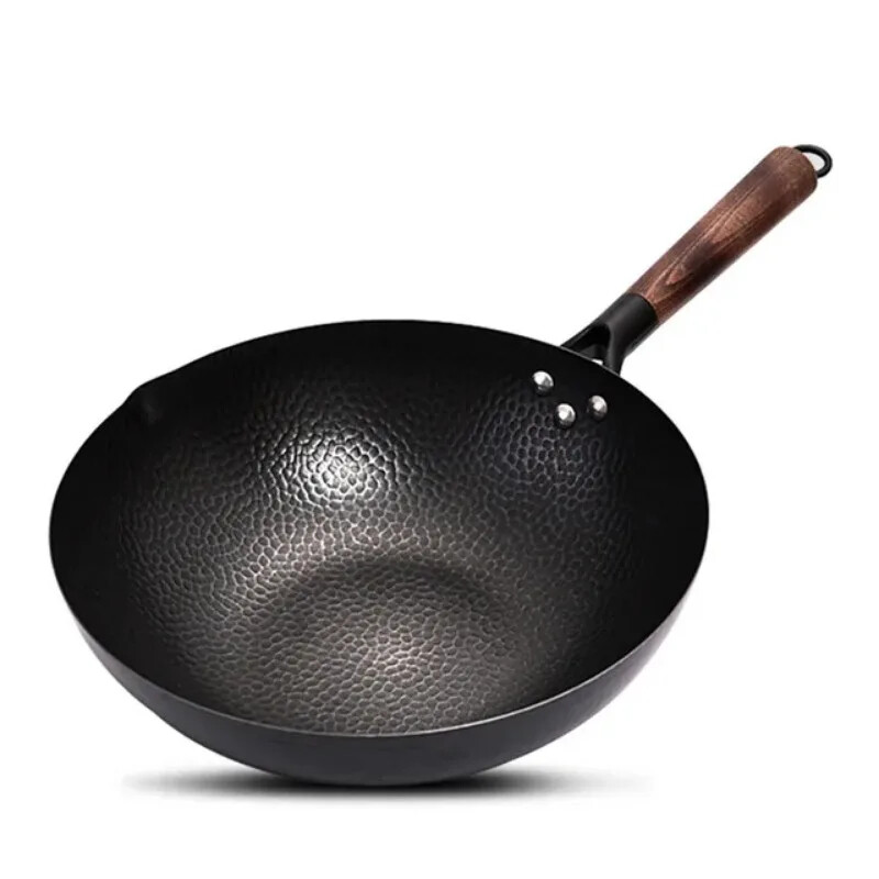 32cm Iron Wok Παραδοσιακό Υψηλής Ποιότητας Carbon Steel Wok Αντικολλητικό τηγάνι Woks με ξύλινο καπάκι Μαγειρικά σκεύη κουζίνας για όλες τις εστίες