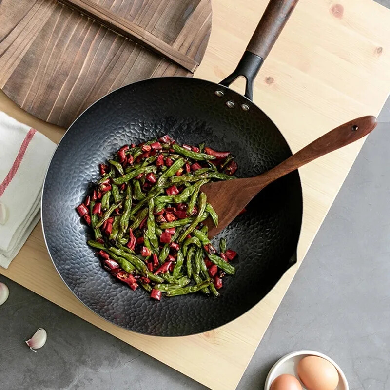 32cm Iron Wok Παραδοσιακό Υψηλής Ποιότητας Carbon Steel Wok Αντικολλητικό τηγάνι Woks με ξύλινο καπάκι Μαγειρικά σκεύη κουζίνας για όλες τις εστίες