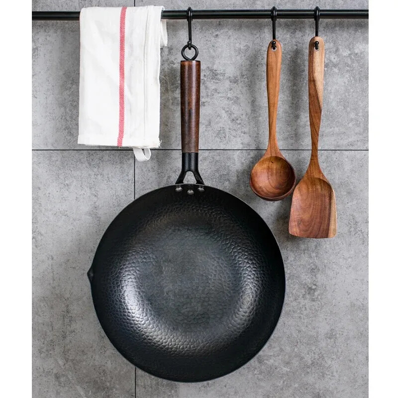 32cm Iron Wok Παραδοσιακό Υψηλής Ποιότητας Carbon Steel Wok Αντικολλητικό τηγάνι Woks με ξύλινο καπάκι Μαγειρικά σκεύη κουζίνας για όλες τις εστίες