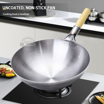 32/34/36cm Iron Wok Κινέζικο Χειροποίητο Παραδοσιακό Μεγάλο Γουόκ Οικιακή Κατσαρόλα Μαγειρικής Ξύλινη Λαβή Wok Κουζινικά σκεύη