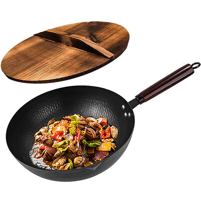 32 cm anglies plieno Wok keptuvės ir maišomos keptuvės Wok keptuvė su dangteliu be chemikalais padengto plokščio dugno Wok elektrinėms indukcinėms dujinėms viryklėms