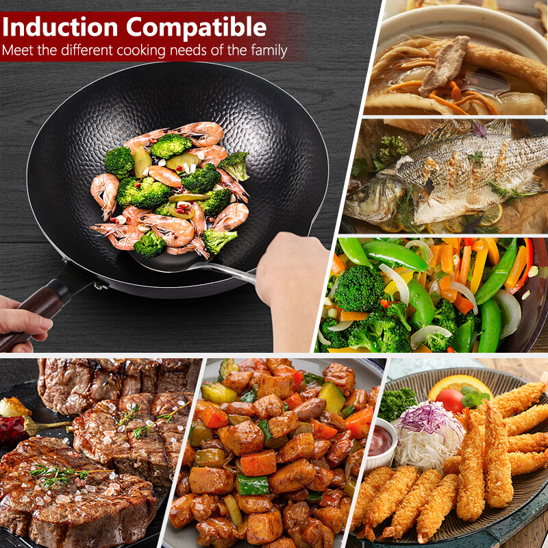 32 cm süsinikterasest vokkpannid ja segamispannid kaanega, keemilise katmata lamedapõhjaline vokkpann elektriliste induktsioongaasipliitide jaoks