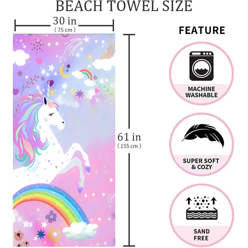 1 τμχ 75x155 εκ. Πετσέτα θαλάσσης Unicorn, Μικροΐνες Γρήγορο Στέγνωμα Μεγάλες πετσέτες Sand Free Travel Swimming Decor Δώρο για κορίτσια ενήλικες, 275GSM