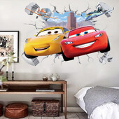 3D Brokenwall Lightning McQueen Cartoom automašīnu sienu dekoru uzlīmes zēnu guļamistabai bērnu istabas tapetes plakātu sienas uzlīmes