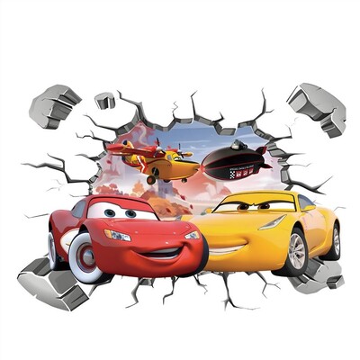 3D Brokenwall Lightning McQueen Cartoom automašīnu sienu dekoru uzlīmes zēnu guļamistabai bērnu istabas tapetes plakātu sienas uzlīmes