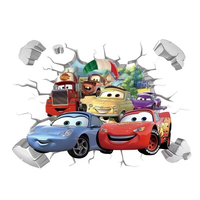 3D Brokenwall Lightning McQueen Cartoom automašīnu sienu dekoru uzlīmes zēnu guļamistabai bērnu istabas tapetes plakātu sienas uzlīmes