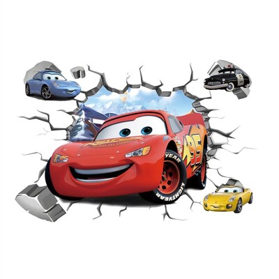 3D Brokenwall Lightning McQueen Cartoom automašīnu sienu dekoru uzlīmes zēnu guļamistabai bērnu istabas tapetes plakātu sienas uzlīmes