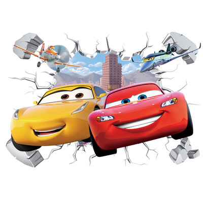 3D Brokenwall Lightning McQueen Cartoom automašīnu sienu dekoru uzlīmes zēnu guļamistabai bērnu istabas tapetes plakātu sienas uzlīmes