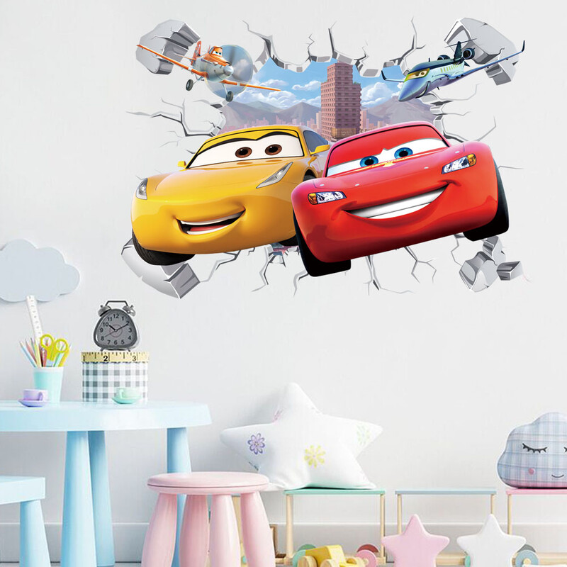 3D Brokenwall Lightning McQueen Cartoom automobilių sienų dekoro lipdukai berniukų miegamojo vaikų kambario tapetai plakatai sieniniai lipdukai