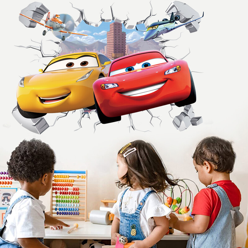 3D Brokenwall Lightning McQueen Cartoom automobilių sienų dekoro lipdukai berniukų miegamojo vaikų kambario tapetai plakatai sieniniai lipdukai