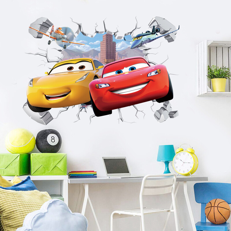 3D Brokenwall Lightning McQueen Cartoom automobilių sienų dekoro lipdukai berniukų miegamojo vaikų kambario tapetai plakatai sieniniai lipdukai