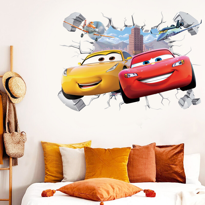 3D Brokenwall Lightning McQueen Cartoom automobilių sienų dekoro lipdukai berniukų miegamojo vaikų kambario tapetai plakatai sieniniai lipdukai