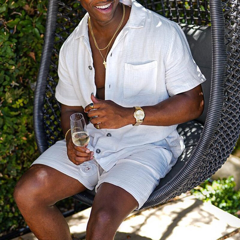 Rannameeste suvemood, soliidne linane dressiülikond Meeste rõivad vabaaja meeste komplektid lühikeste varrukatega revääriga särgid ja lühikesed püksid, ülikond