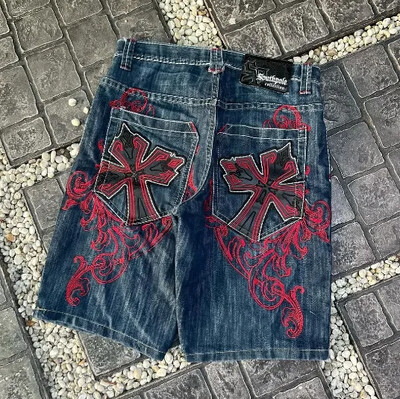 Embroidery Black Ball 8 Pattern Blue Jean Shorts Баскетболни дънкови шорти с висока талия за мъже Street Pocket Retro Summer Y2K Short