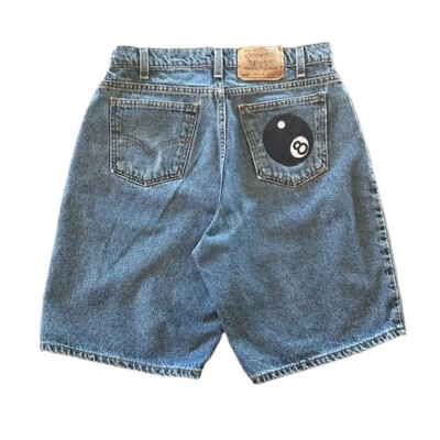 Embroidery Black Ball 8 Pattern Blue Jean Shorts Баскетболни дънкови шорти с висока талия за мъже Street Pocket Retro Summer Y2K Short