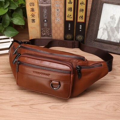 Valódi bőr derekú Fanny Pack táska férfiaknak Utazási Retro Natural Skin Férfi pénztárca Keresztezett testheveder mellkas csípő övtáskák