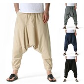 Мъжки памучни и ленени панталони Harem Pants Baggy Casual Oversize Свободни джогинг панталони Панталони с широки крачоли Йога панталони с къси крачоли Хип-хоп