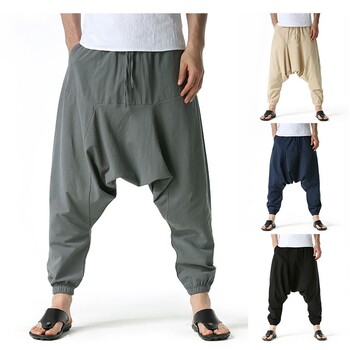 Мъжки памучни и ленени панталони Harem Pants Baggy Casual Oversize Свободни джогинг панталони Панталони с широки крачоли Йога панталони с къси крачоли Хип-хоп