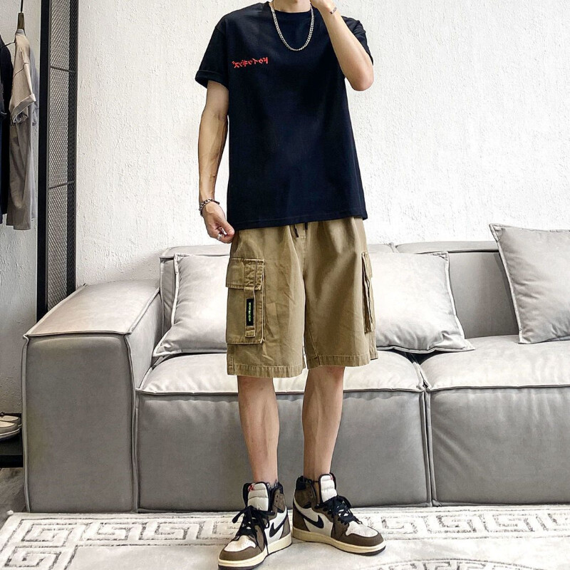 Vintage mood ühevärviline plaaster Meeste lühike vaba vöökoha pingutusnöör, mitu taskut Tänava vabaaja vabaaja meeste lühikesed püksid