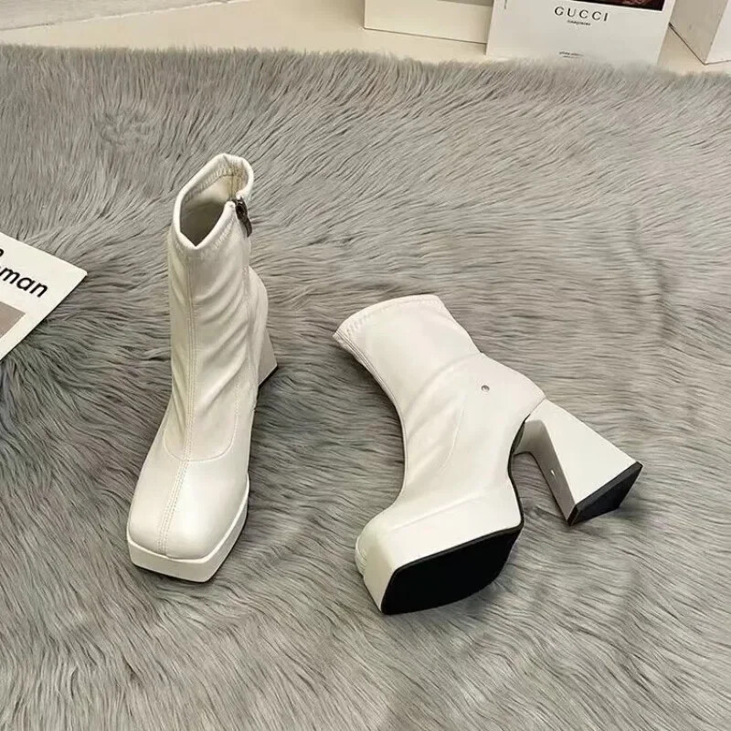 Uus veekindel platvorm Paks kõrge kontsaga küljetõmblukk Naiste saapad Suured soojad kauboi lühikesed saapad Elastsed saapad Nahast saapad