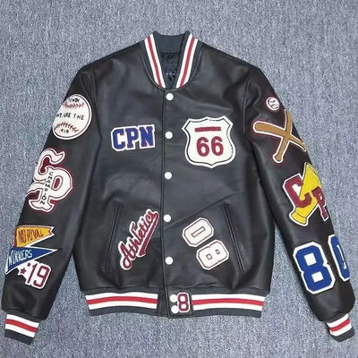 Meeste sügisene mitmetähelised tikandid Pesapallivorm Retro-nahkjakk Mantel kevadine meeste mood vabaaja kvaliteetsed riided