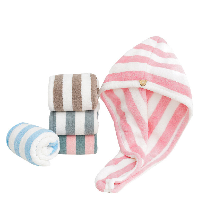 Triibuline kiiresti kuivav juukserätik Naiste juuksekuivatusmüts Coral Fleece Solid Towel Cap Super Absorption Turban Hair Dry Cap