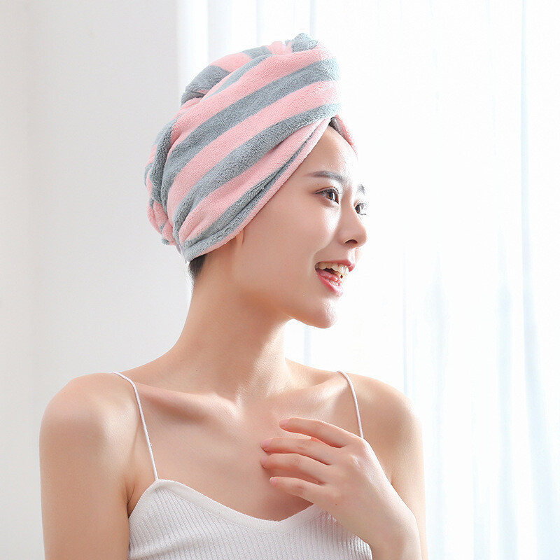 Triibuline kiiresti kuivav juukserätik Naiste juuksekuivatusmüts Coral Fleece Solid Towel Cap Super Absorption Turban Hair Dry Cap