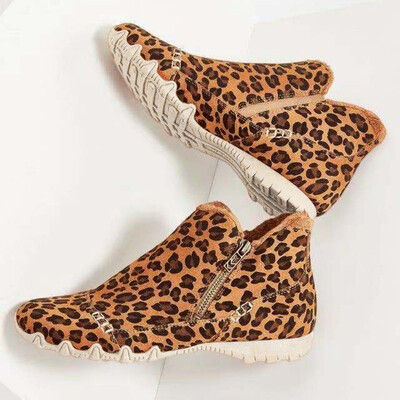 Φθινοπωρινές και χειμερινές νέες γυναικείες μπότες με λεοπάρ, ελαφριά, άνετα, αντιολισθητικά παπούτσια, πλαϊνό φερμουάρ, βελούδινα παπούτσια