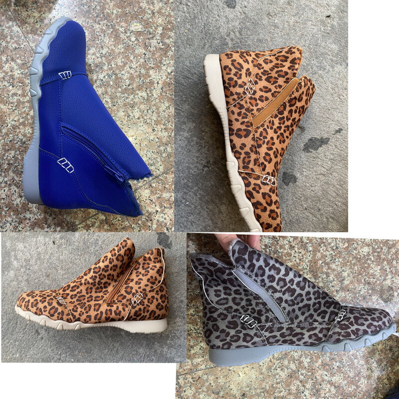 Φθινοπωρινές και χειμερινές νέες γυναικείες μπότες με λεοπάρ, ελαφριά, άνετα, αντιολισθητικά παπούτσια, πλαϊνό φερμουάρ, βελούδινα παπούτσια