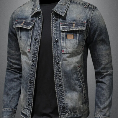 Jachetă de denim la modă pentru bărbați 2024, toamnă, motocicletă, la modă, stil coreean, slim fit, vintage, ocazională.