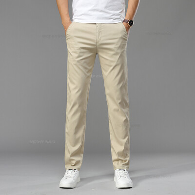 Καλοκαιρινό εξαιρετικά λεπτό ανδρικό Ice μεταξωτό παντελόνι Casual Μαλακό άνετο μονόχρωμο ελαστικό επαγγελματικό ίσιο παντελόνι Μάρκα Biege Khaki
