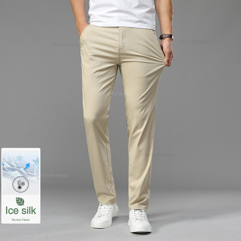 Καλοκαιρινό εξαιρετικά λεπτό ανδρικό Ice μεταξωτό παντελόνι Casual Μαλακό άνετο μονόχρωμο ελαστικό επαγγελματικό ίσιο παντελόνι Μάρκα Biege Khaki