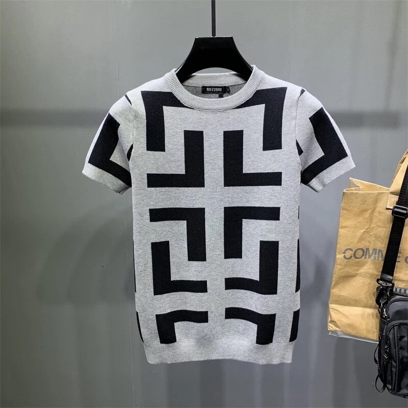 2024. aasta sügis ja talv, uued meeste lühikeste varrukatega kudumid, kampsun, žakaarmustriga õhuke korea stiilis kaelusega jakk