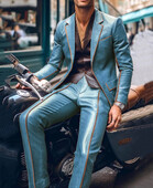 Мъжки костюм Slim Fit Блейзър и панталон 2 бр. Комплект контрастно тапицерия с ревер PU кожено яке Мъжки бизнес ежедневен абитуриентски костюм Мото стил