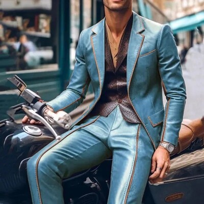 Мъжки костюм Slim Fit Блейзър и панталон 2 бр. Комплект контрастно тапицерия с ревер PU кожено яке Мъжки бизнес ежедневен абитуриентски костюм Мото стил