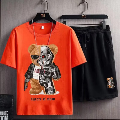 Amerikietiško stiliaus laisvalaikio sportinis kostiumas vyrams trumpomis rankovėmis marškinėliai šortai, 2 dalių rinkinys, skirtas antsvoriui nutukusiems