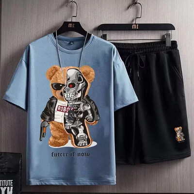 Amerikietiško stiliaus laisvalaikio sportinis kostiumas vyrams trumpomis rankovėmis marškinėliai šortai, 2 dalių rinkinys, skirtas antsvoriui nutukusiems